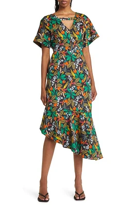 Du Paradis Floral Asymmetric Hem Dress Midnight Forest at Nordstrom,