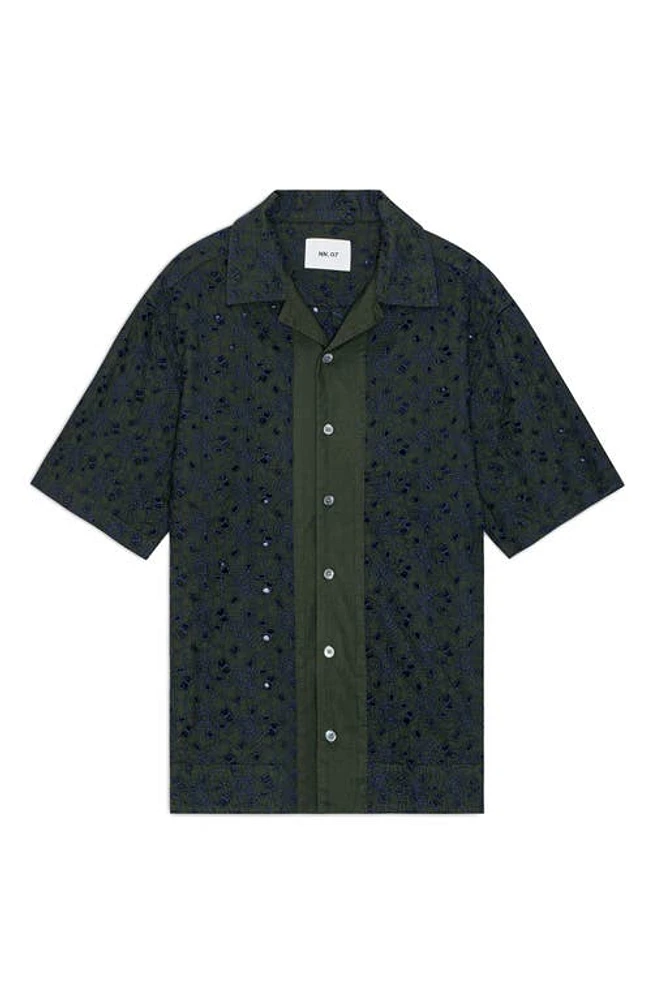 NN07 Leo 5655 Embroidered Organic Cotton Blend Camp Shirt Rosin at Nordstrom,