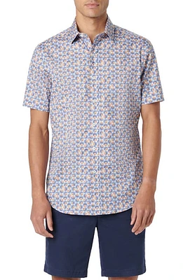 Bugatchi Orson Dot Print Short Sleeve Stretch Cotton Button-Up Shirt Caramel at Nordstrom,