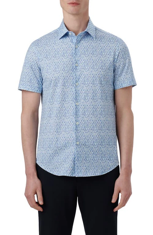 Bugatchi OoohCotton Leaf Print Short Sleeve Button-Up Shirt Air Blue at Nordstrom,