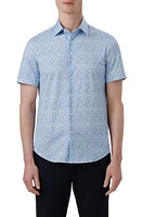 Bugatchi OoohCotton Leaf Print Short Sleeve Button-Up Shirt Air Blue at Nordstrom,