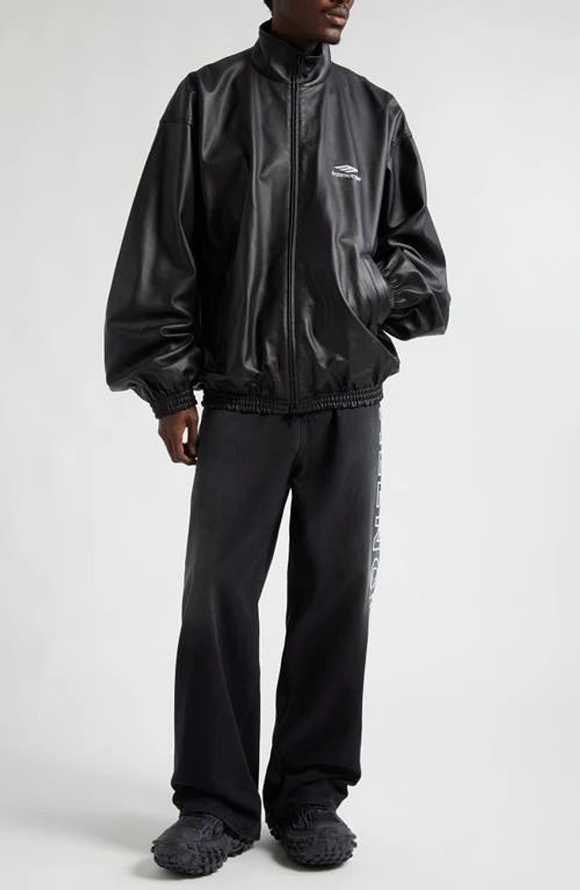 Balenciaga 3B Logo Oversize Leather Track Jacket Black at Nordstrom,