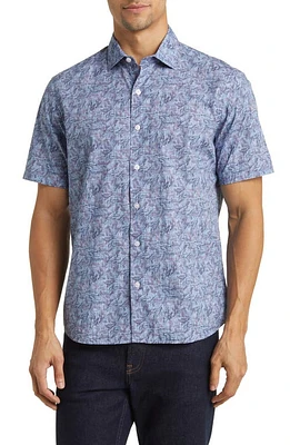 Robert Barakett Fern Leaf Print Short Sleeve Button-Up Shirt Blue at Nordstrom,