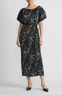 Lafayette 148 New York Tree Print Plissé Belted Dress Black Multi at Nordstrom,