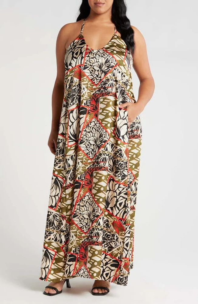 Tahari ASL Geometric Print Charmeuse Halter Maxi Dress Black Natural at Nordstrom,