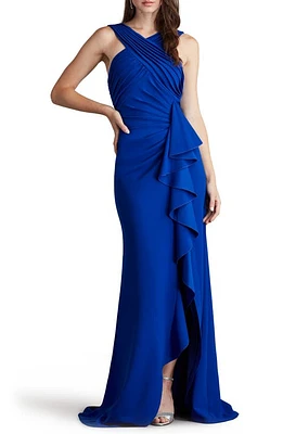 Tadashi Shoji Crossneck Side Ruffle Gown Mystic Blue at Nordstrom,