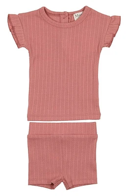 Manière Rib Ruffle Sleeve Cotton Knit T-Shirt & Shorts Set in Rose at Nordstrom, Size 12M