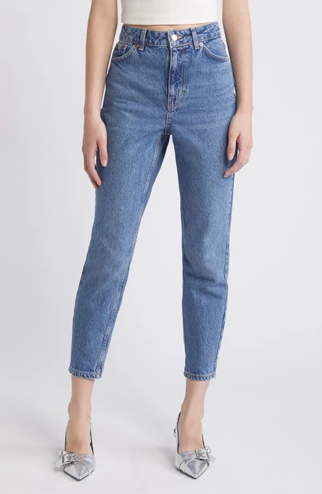 Topshop High Waist Tapered Mom Jeans Mid Wash Blue at Nordstrom,