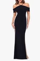 Xscape Evenings Faraj Side Beaded Cold Shoulder Gown Black Nude Silver at Nordstrom,