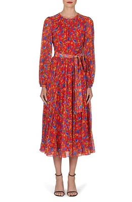 Carolina Herrera Floral Print Long Sleeve Chiffon Dress Lacquer Red at Nordstrom,