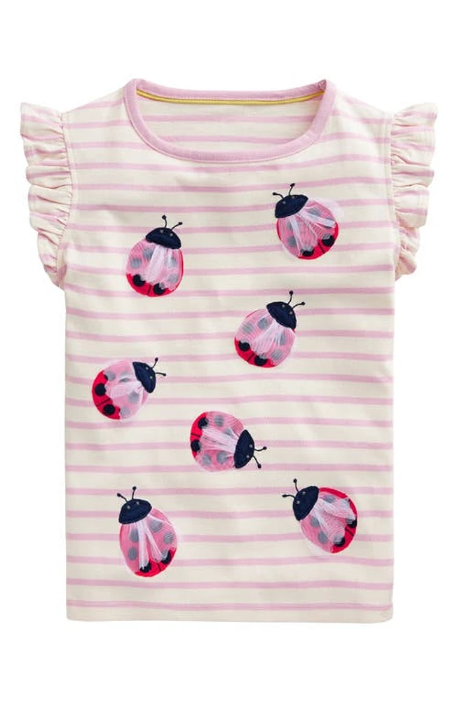 Mini Boden Kids' Appliqué Ladybug Flutter Sleeve Cotton T-Shirt in Sugared Almond/Vanilla Pod at Nordstrom, Size 7-8Y