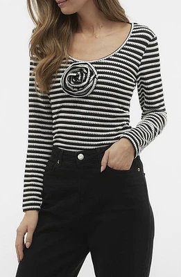 VERO MODA Stripe Jacquard Rosette Knit Top Black Stripes Snow at Nordstrom,