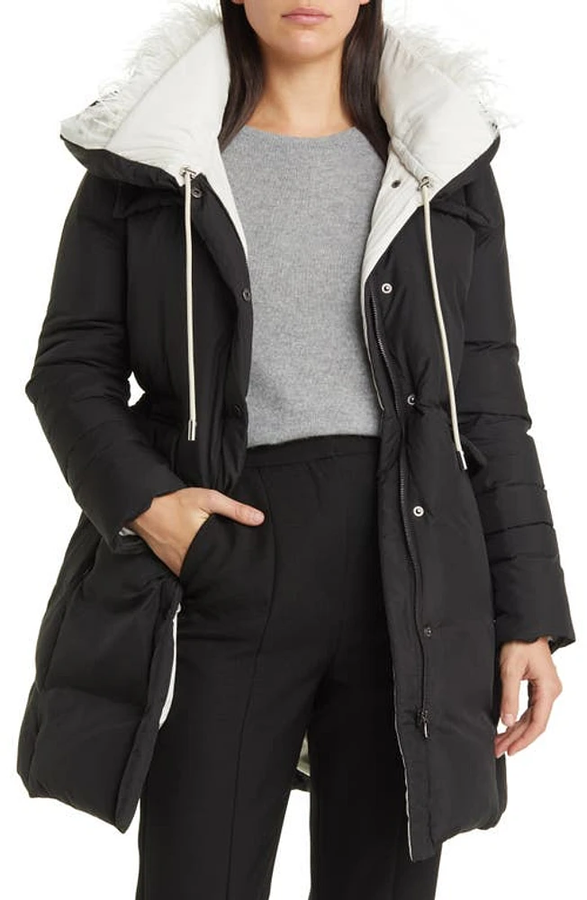 KOBI HALPERIN Hayden Feather Trim Hooded Puffer Coat Black /Ivory at Nordstrom,