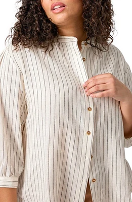 Sanctuary Pinstripe Linen Blend Button-Up Shirt in Birch Stri at Nordstrom, Size 2X