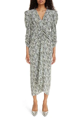 Isabel Marant Albini Abstract Print Ruched Stretch Silk Midi Dress Ecru at Nordstrom, Us