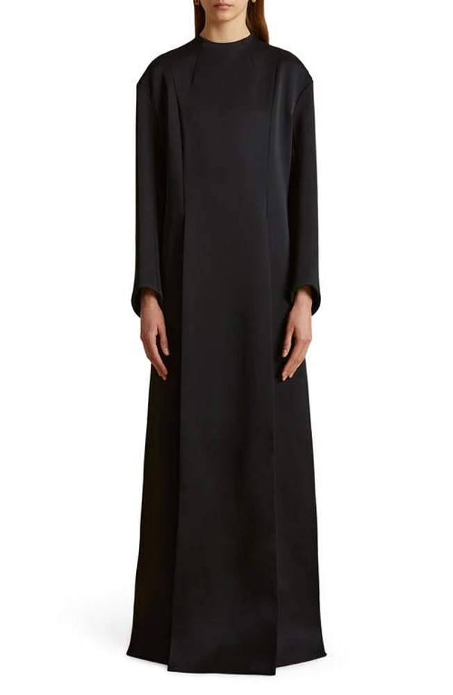 Khaite Clete Long Sleeve Crepe Satin Maxi Dress Black at Nordstrom,