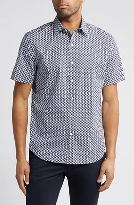 Bugatchi Orson Seahorse Print Short Sleeve Stretch Cotton Button-Up Shirt Navy at Nordstrom,