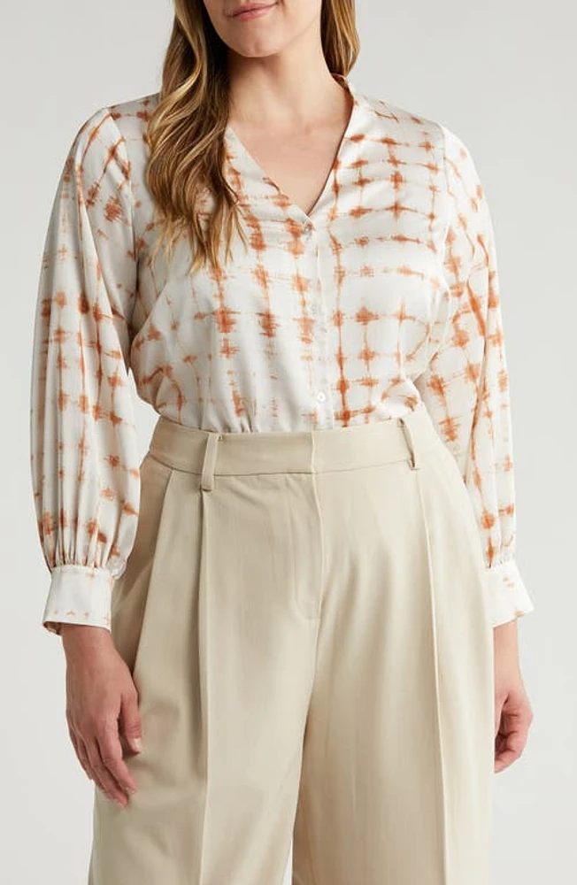 halogen(r) Front Button Satin Shirt Clay Orange Ivory at Nordstrom,