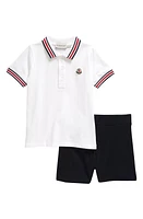 Moncler Kids' Tipped Stretch Piqué Polo & Shorts Set in White Navy at Nordstrom, Size 6-9M