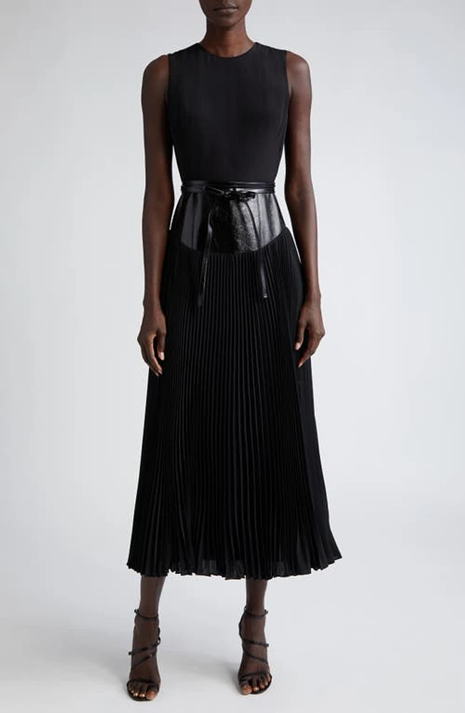 Brandon Maxwell The Claudia Leather Waist Pleated Dress Black at Nordstrom,