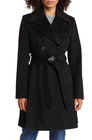 Via Spiga Belted Faux Leather Trim Wool Blend Coat Black at Nordstrom,