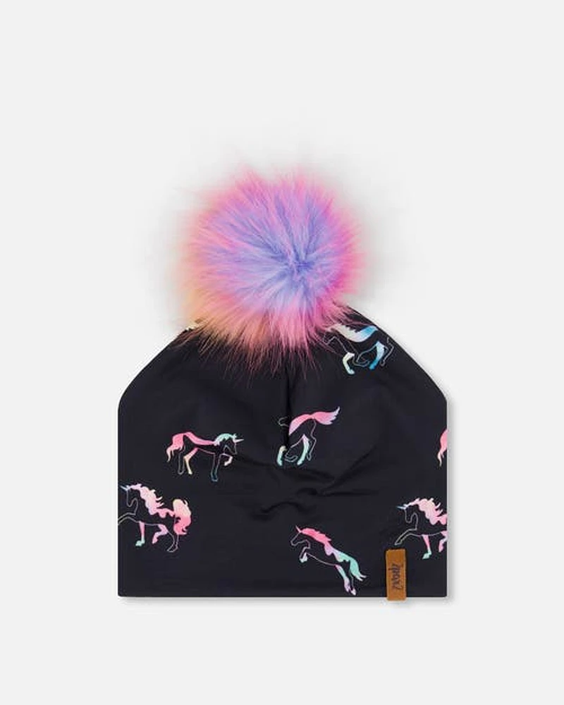 Deux Par Deux Girl's Detachable Pompom Hat Black Printed Multicolor Unicorns in Black Printed Unicorns at Nordstrom