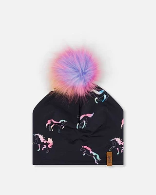 Deux Par Deux Girl's Detachable Pompom Hat Black Printed Multicolor Unicorns in Black Printed Unicorns at Nordstrom