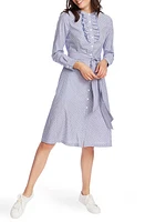 Court & Rowe Ruffle Placket Flocked Dot Pinstripe Long Sleeve Cotton Shirtdress in Chambray Blue at Nordstrom, Size 0