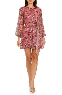 Dress the Population Kirsi Long Sleeve Metallic Floral Minidress Bright Fuchsia Multi at Nordstrom,