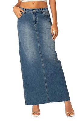 EDIKTED Elowyn Denim Maxi Skirt with Back Slit Detail Blue at Nordstrom,