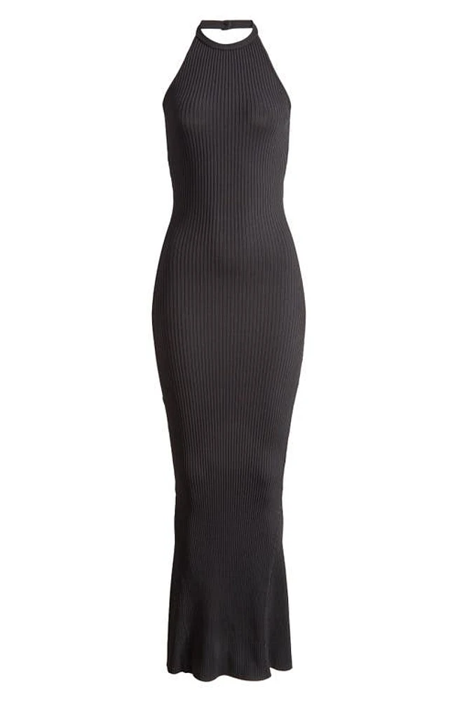 Good American Shine Ribbed Halter Maxi Dress Black001 at Nordstrom,