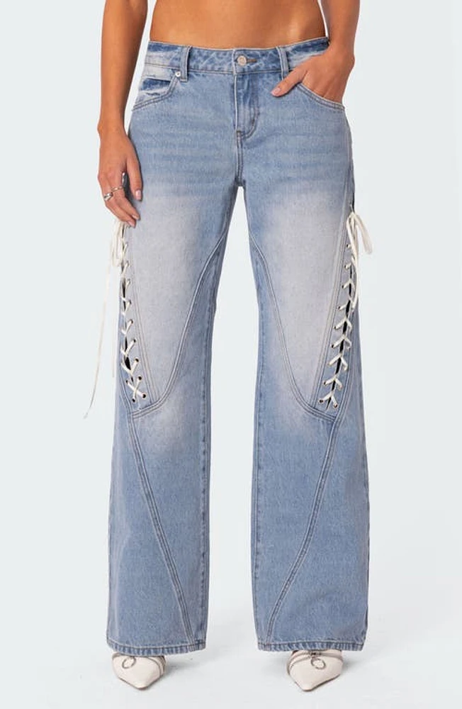 EDIKTED Lace-Up Low Rise Wide Leg Jeans Light-Blue at Nordstrom,