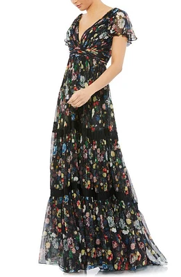 Mac Duggal Floral Print Tiered Empire Waist Chiffon Gown Black Multi at Nordstrom,