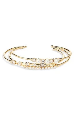 Nordstrom Imitation Pearl & Crystal Open Cuff Stack Bracelet in Clear- White- Gold at Nordstrom