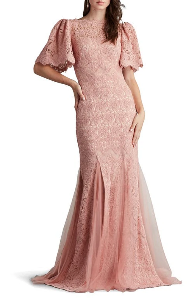 Tadashi Shoji Flutter Sleeve Corded Lace Trumpet Gown Antique Pink at Nordstrom,