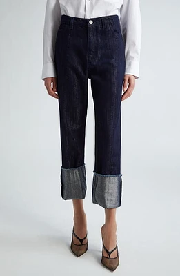 Victoria Beckham Shimmer High Waist Raw Hem Tapered Jeans in Indigo/Silver at Nordstrom, Size 28