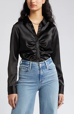 Open Edit Cinched Satin Shirt Black at Nordstrom,