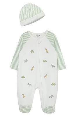 Little Me Safari Embroidered Cotton Footie & Hat Set Ivory at Nordstrom,