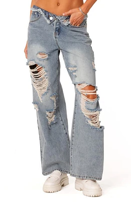 EDIKTED Foldover Low Rise Ripped Boyfriend Jeans Light-Blue at Nordstrom,