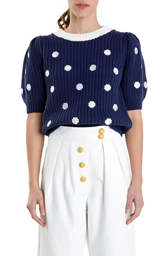 English Factory Shell Embroidered Puff Sleeve Sweater Navy/White at Nordstrom,