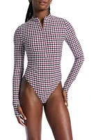 BANDIER Brio Houndstooth Quarter Zip Bodysuit Cordovan at Nordstrom,