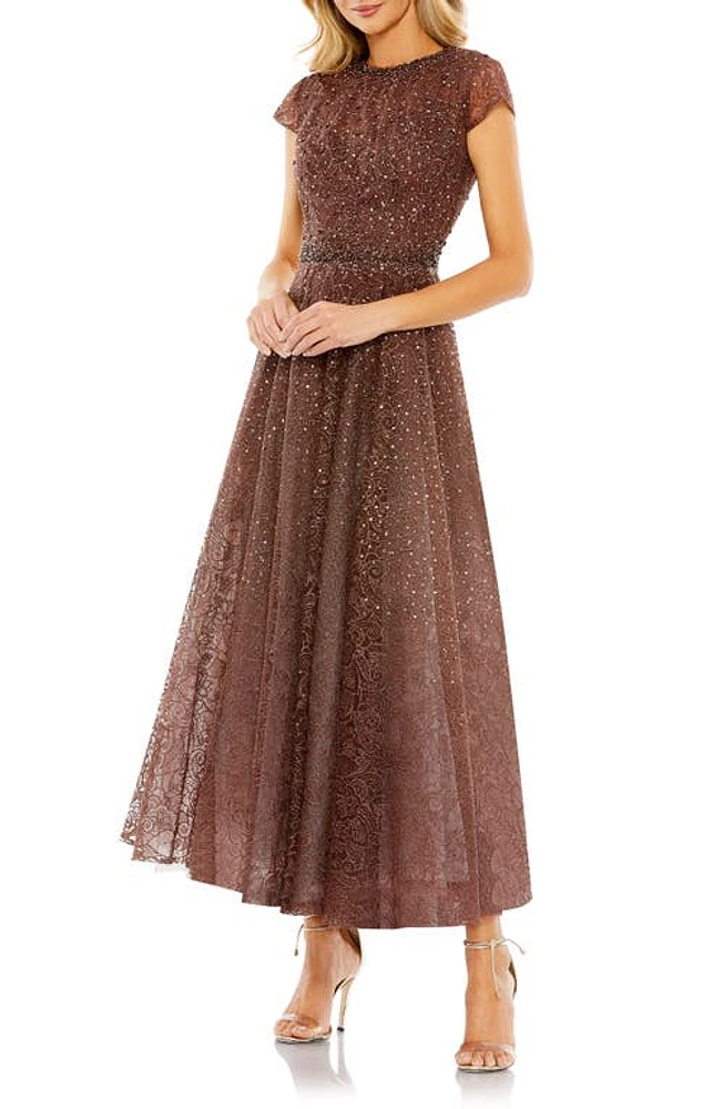 Mac Duggal Beaded Floral Cap Sleeve Gown Chocolate at Nordstrom,