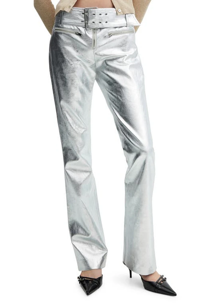 MANGO Belted Metallic Faux Leather Pants Silver at Nordstrom,