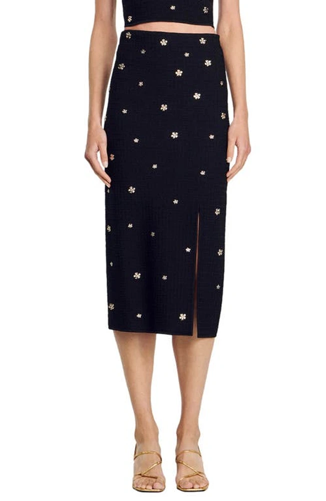 sandro Esmade Flower Embellished Knit Skirt Black at Nordstrom,