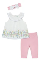 Little Me Cotton Tulip Border Top, Leggings & Headband Set Pink at Nordstrom,