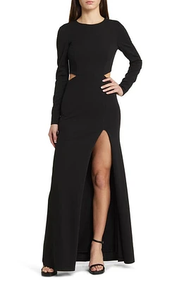 Lulus Going For the Wow Side Slit Long Sleeve Gown Black at Nordstrom,