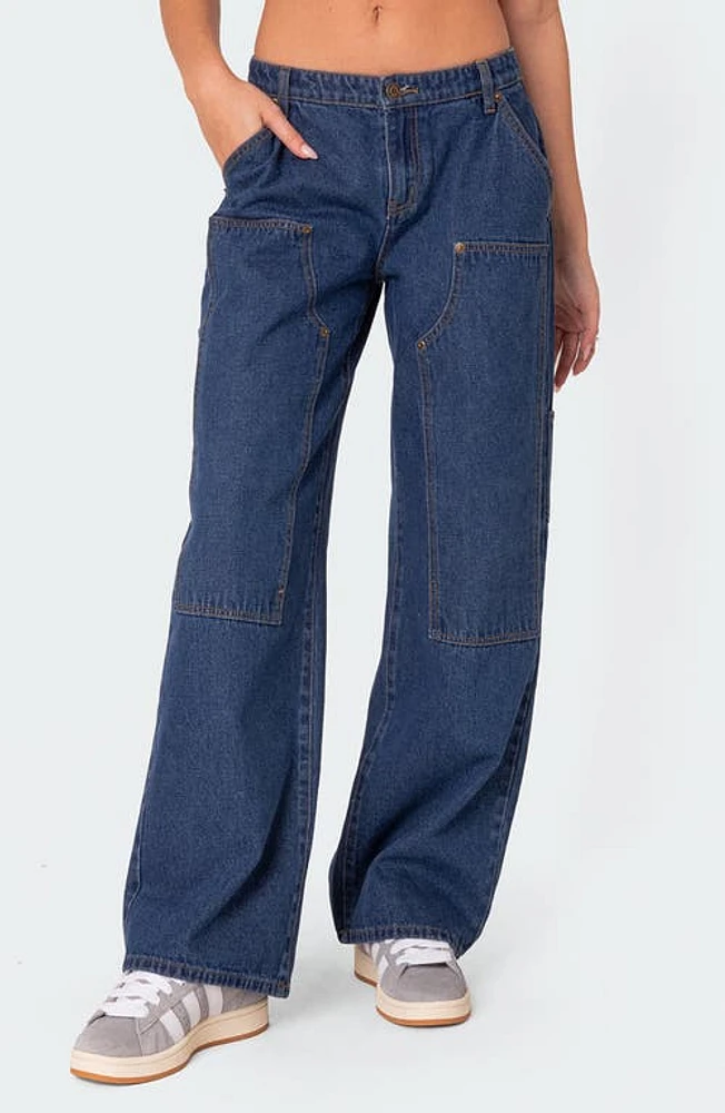 EDIKTED Ayla Low Rise Carpenter Jeans Blue at Nordstrom,