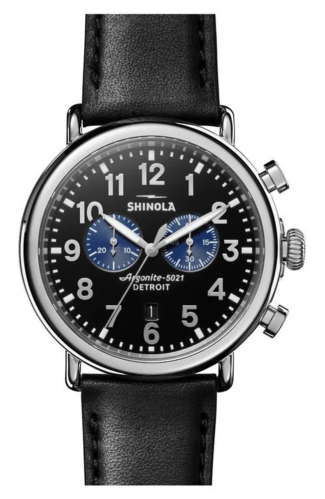 Shinola The Runwell Chrono Leather Strap Watch, 47mm in Black/Silver at Nordstrom