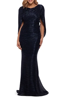 Betsy & Adam Cape Sleeve Metallic Crinkle Gown at Nordstrom