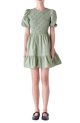 English Factory Shirred Puff Sleeve Cotton Minidress Sage at Nordstrom,